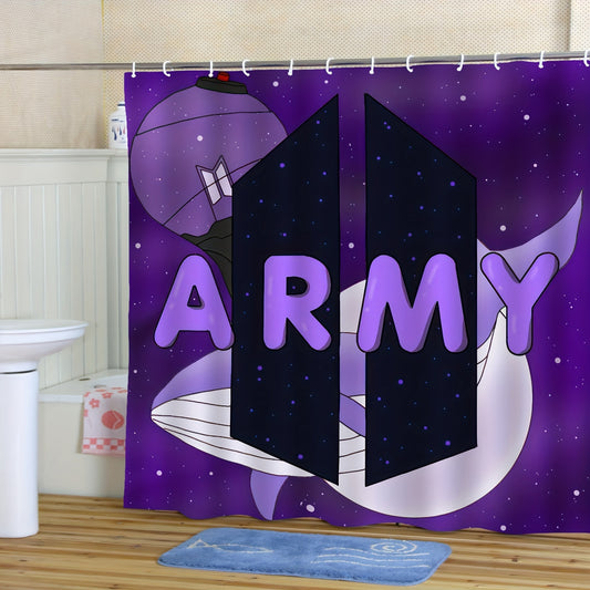 1pc K-POP Themed Shower Curtain - Vibrant Purple &amp; Black Design with Galaxy &amp; Rocket Motifs, Perfect for K-Pop Fans, Machine Washable Polyester, All-Season Use, Bathroom Decor|Space Theme Decor|Polyester Fabric, Kpop Room Dec